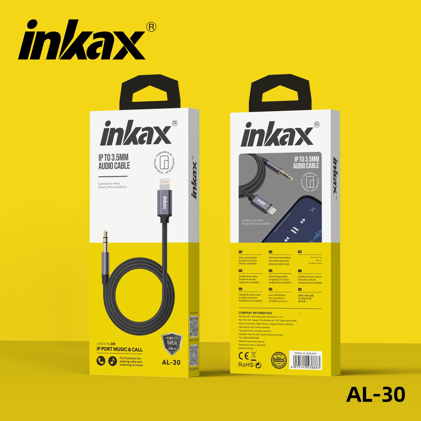 INKAX 3.5mm-IPHONE AUX audio cable PLUG AND PLAY